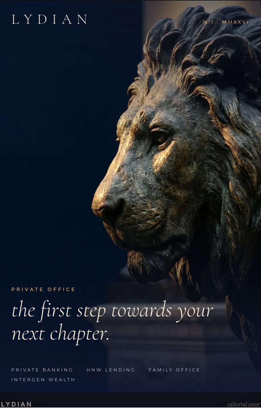 Lydian editorial cover: the bronze lion, private office